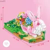 Blocks Creative Model Rabbit with Flowers Handmade Pink Bunny Decoration Centerpiece Gift for Easter Girls Birthday Special Gift 2023 R231020