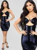 Casual Dresses Hollow Out Shiny PU Leather Slip Camisole Dress Tights Package Hip Minifalda Sexy Clubwear Vestido Bodycon Miniskirt