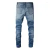 Mäns jeans ljusblå EU DRIP Fashion Distressed Ribs Patchwork italienska skadade hål Slim Fit Stretch Ripped