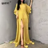 Casual Dresses WINYI Winter Women Africa Boho Covers Knitted Solid Color Sexy High Fork Hollow Floor Long Dress Black Fashion Holiday Kaftan