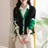 Kvinnors stickor Long Cardigan Luxury Women Korean Fashion Clothes Sweaters för 2023 V-Neck Patchwork 90s Vintage Knitwears Jersey