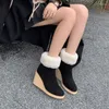 Boots Cow Suede Wool Round Toe Women Snow Wedges Thick Sole Solid Slip On High Heels Winter Fashion Concise Warm Female Shoes