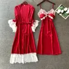 Vêtements de nuit pour femmes Printemps 2 pièces Femmes Robe Ensemble Sexy Kimono Peignoir Robe Dentelle Patchwork Chemise de Nuit Lâche Intime Lingerie Homewear