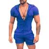 Men's Tracksuits Solid Color Hooded Bodysuit Zip Shorts One Piece Set