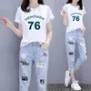 Calças femininas de duas peças terno moda manga curta camiseta topo e perfurado tornozelo comprimento jeans conjunto feminino estudante 2023 verão