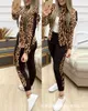 Kvinnors tvåstycksbyxor Kontrasterande Leopard Print Jacket Drawstring Pant Suit Chic Fashion Summer Form-passande High Style Casual Sporty