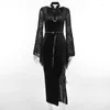 Robes décontractées Y2K Robe moulante Slim Fit Sangle Vêtements gothiques Taille haute Fente Femmes Noir Mode Bell Manches Femme Midi