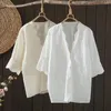 Damskie bluzki kobiety koronkowa koszula Plus w rozmiarze pusta haftowa bluzka biała beżowa bawełniana solidna koszule damskie wierzchołki i