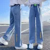 Джинсы, осень 2023, для девочек-подростков, эластичные джинсовые широкие брюки с высокой талией, детские прямые брюки, детские рваные брюки 231019