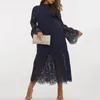 Plus Size Dresses A Lin Women Clothing Summer Style Fashion Elegant Lace Crochet Hollow Stand Collar Long Sleeve Midi Party Dress