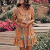 Everkaki Boho Floral Print Mini Dress Women Vestidos Summer Ladies Gypsy Short Dresses Ethnic Casual Spring T200604265i