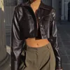 Kadın Ceketleri Kadın Seksi Düz Renk Uzun Kollu Düğme Ön Sahta Deri Ceket Pu Ceket