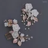 Hair Clips INS Ceramic Flower Small Comb Bridal Piece Gold Color Wedding Accessories Women Headpiece