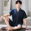 Men's Sleepwear 2 Piece Cotton Pajamas Sets Solid V-Neck Kimono Pyjamas Male Short Sleeve Shirt Pants Sleep Suits Homewear