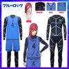 Cosplay azul bloqueio anime cosplay traje camisa clube de futebol uniforme esportivo peruca macacões colete shorts roupas de festa de halloween presente