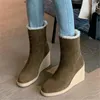 Boots Cow Suede Wool Round Toe Women Snow Wedges Thick Sole Solid Slip On High Heels Winter Fashion Concise Warm Female Shoes