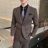 Costumes pour hommes gris foncé bleu marron 3 pièces ensemble blazers veste pantalon hommes décontracté affaires rayures plaid marié robe de mariée costume pantalon gilet