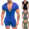 Men's Tracksuits Solid Color Hooded Bodysuit Zip Shorts One Piece Set