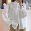 Kadınlar bluzlar vintage bej gömlek lüks üstleri vesileler için kadınlar kış zarif stant yakalı uzun kollu titreşim
