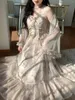 Casual Dresses Victorian Dress Court Wind Printed Maxi Spring Summer Shiny Thin Cardigan Big Ruffled Hem Long Set Women's