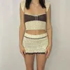 Work Dresses Beach Holiday 2 Piece Sets Crochet Hollow Out Crop Tops Backless Tie Up Knitted Tank Mini Pencil Skirt Y2K Vintage Outfit