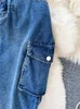 Jupes Singreiny Denim Pocket Jupe Cordon Femmes Bouton Zipper Élégant Taille Haute Slim Automne Dames Mode Streetwear Longue