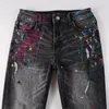 Men's Jeans EU Drip Denim Light Gray Distressed Moustache Slim Fit Graffiti Damaged Holes Stretch Painted Ripped