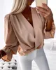 여자 T 셔츠 패션 여성 블라우스 2023 스프링 랜턴 벨 슬리브 오버랩 캐주얼 v- 넥 길 플레인 매일 y2k 옷