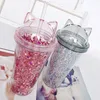 Mugs 420ML Cute Summer Water Cup Plastic Drinking Cup with Cat Ear Lid Double Wall Straw Tumbler Cup For Cold Drink 231020