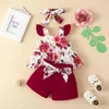 Clothing Sets Infant Born Baby Girls Shorts Set Sleeve Square Neck Strawberry/Flower Print Vest With Tie-up And Hairband 0-24M