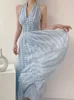 Casual Dresses Spring French Vintage Party Long Dress Women Blue Plaid Sexig chic kausal kvinnlig V-ringning Hög midja Elegant 2023