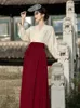 Casual Dresses Yosimi Chinese Style Horse Face Kjol Pleated 2 Piece Women Set V-ringen långärmad vit skjorta och röd Hanfu vintage