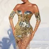 Złote cekinowe sukienki wieczorowe Trasparent Sheer Mesh Eleganckie sukienki Kobiety Długie sukienki z długim rękawem 210521218B