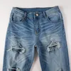 Mäns jeans ljusblå EU DRIP Fashion Distressed Ribs Patchwork italienska skadade hål Slim Fit Stretch Ripped