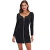 Women Full Zipper Bodycon Stretch Long Sleeve Mini Cotton Dress for Autumn Y200418300m