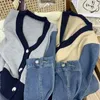 Malhas femininas denim retalhos camisola curta jaqueta 2023 outono contrastante decote em v manga comprida solta único breasted all-match topo