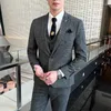 Costumes pour hommes gris foncé bleu marron 3 pièces ensemble blazers veste pantalon hommes décontracté affaires rayures plaid marié robe de mariée costume pantalon gilet