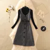 Zweiteiliges Kleid Zweiteiliges Kleid-Set für Damen, Herbst-Winter, einfarbiger Pullover und ärmellose knielange karierte Tweed-Kleider, Anzüge mit Gürtel 231020