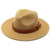 Berets Panamá Soft Shaped Chapéu de Palha Verão Mulheres Homens Ampla Brim Beach Sun Cap UV Protection Belt Trim Fedora