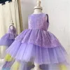 Girl Dresses Purple Sequins Overlay Flower Dress O Neck Tiered Tulle Little Princess Hi Low Style Party Gown Birthday