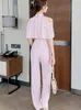 Women's Jumpsuits Satin Summer Sweet Elegant Women Jumpsuit Pink Pearl Halterneck Off Shoulder Ruffles Wide Leg Long Femme Rompers Vacation Party Office 2024