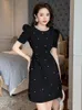 Basic Casual Women Dresses Summer Elegant Sweet Black Shiny Diamond Hollow Cut Out Waist Short Gown Femme Banquet Party Vestidos Fashion Show Lady 2024