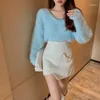 Kadın Sweaters 2023 Yumuşak polar mahsulü Tatlı Vahşi İnce Fit V Boyun Zinciri Sweater Kadın Koreli Knit Kırpılmış Pembe Bahar Tiftik