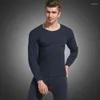 Sous-vêtement thermique pour hommes, couleur unie, chaud, col rond, polaire, caleçon long épais