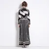 女性のための秋の冬のマキシブラックドレスデザイナーエレガントなプリントラペルスリムシャツドレス