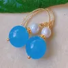 Dangle Earrings Fashion Blue Round Chalcedony White Shell Pearl Bead Gold Ear Stud Year Women FOOL'S DAY Classic Halloween