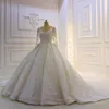 Роскошное кружевное бальное платье с блестками Свадебные платья с длинными рукавами Элегантные вечерние свадебные платья с жемчужным вырезом на шнуровке сзади Принцесса Дубай Арабский Vestidos De Novia CL2793