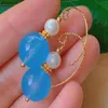 Dangle Earrings Fashion Blue Round Chalcedony White Shell Pearl Bead Gold Ear Stud Year Women FOOL'S DAY Classic Halloween