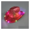 Party Hats Wholesale Cowgirl Led Hat Flashing Light Up Sequin Cowboy Luminous Caps Halloween Costume Drop Delivery Home Garden Festi
