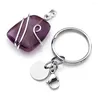 Nyckelringar Silverpläterad cirkeltråd Wrap Geometric Shape Amethysts Stone Key Chain Rose Pink Quartz Jewelry